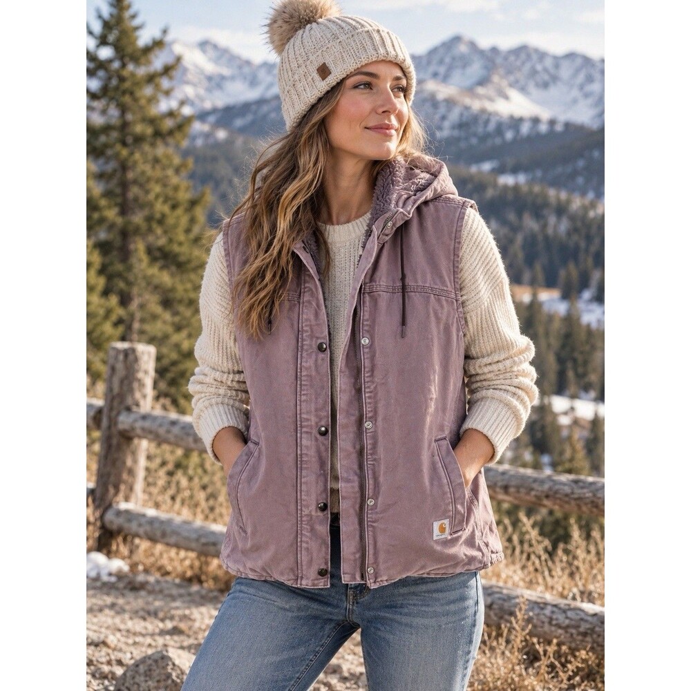 Vintage Women’s Lavender Purple Carhartt Workwear Sherpa Lined Hooded Vest Sz L
